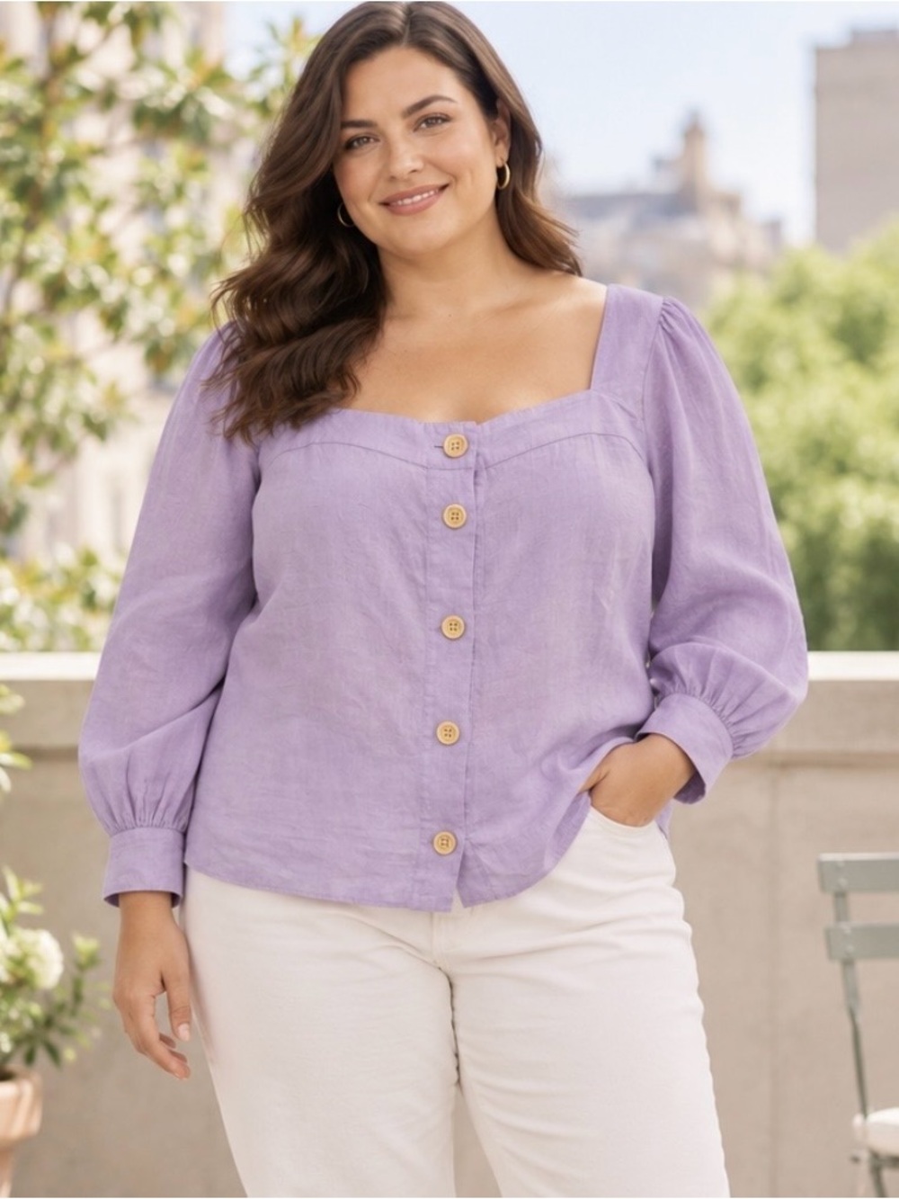 J.Crew XXL 100% Linen Women’s Lavender Square Neck Button Front Blouse NWT